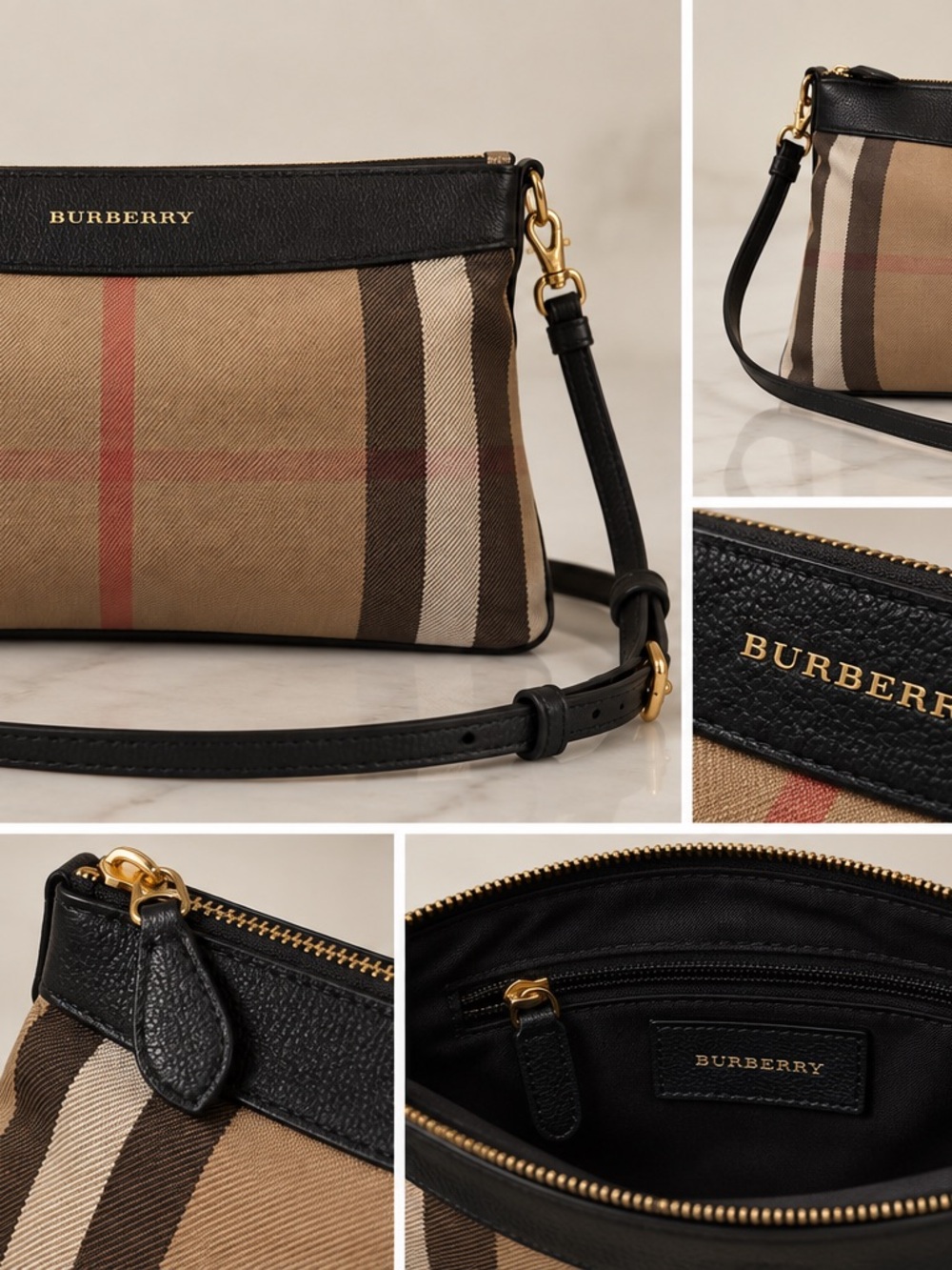 Burberry Black Leather Trim Vintage Check Messenger Bag